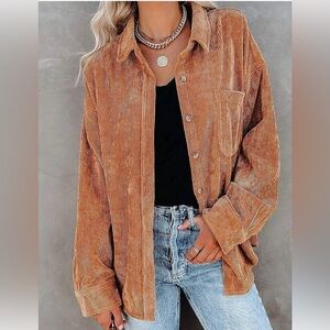 Miholl Women Corduroy Long Sleeve Button Down Collared Shirt Jacket Top Sz Small